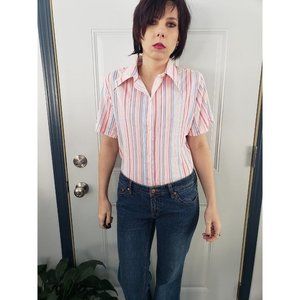 Vintage 80s Pink and‎ Blue Striped Button Down Blouse
